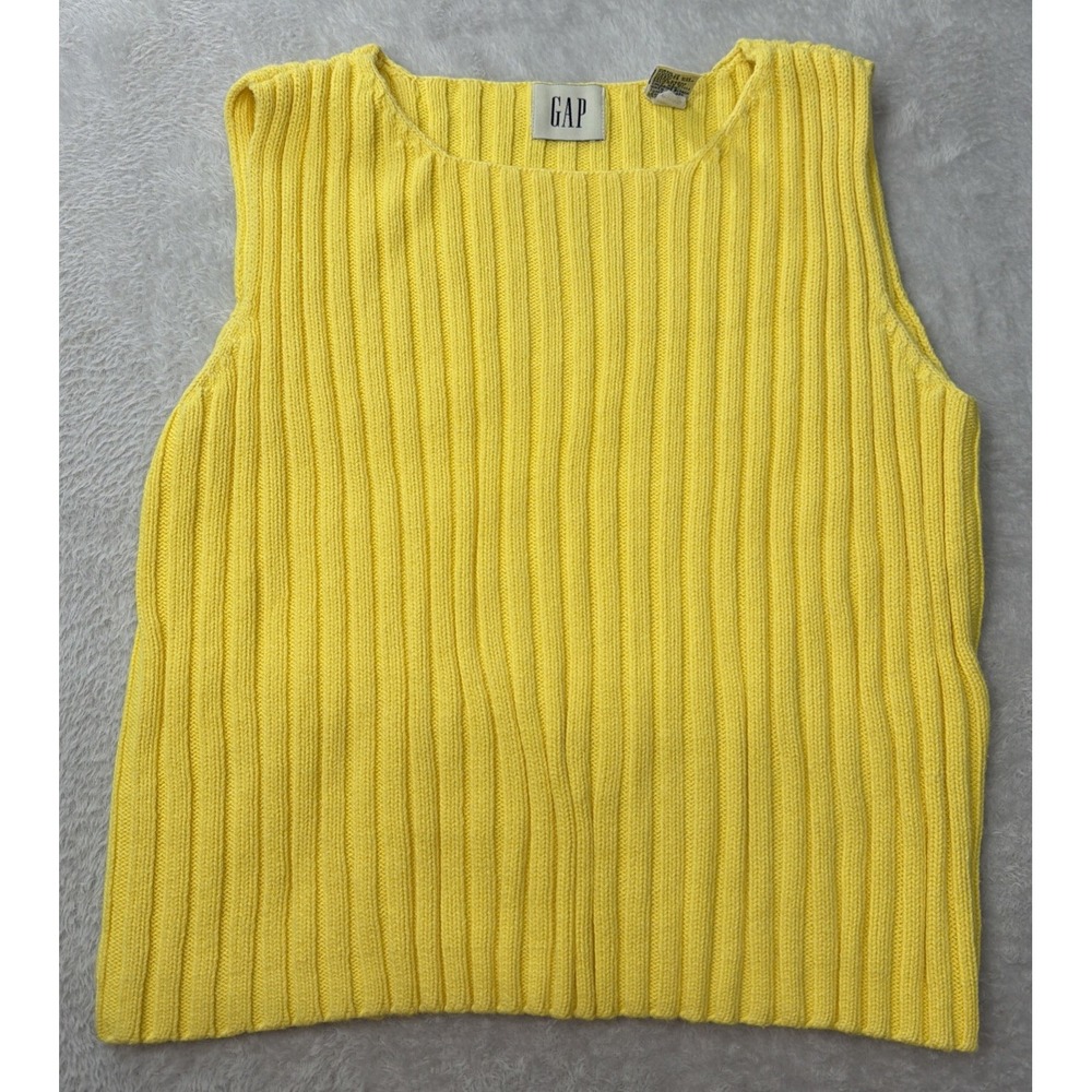 Bright Yellow Gap Sleeveless Ribbed Knit Top Vertical Texture Woman's Size M